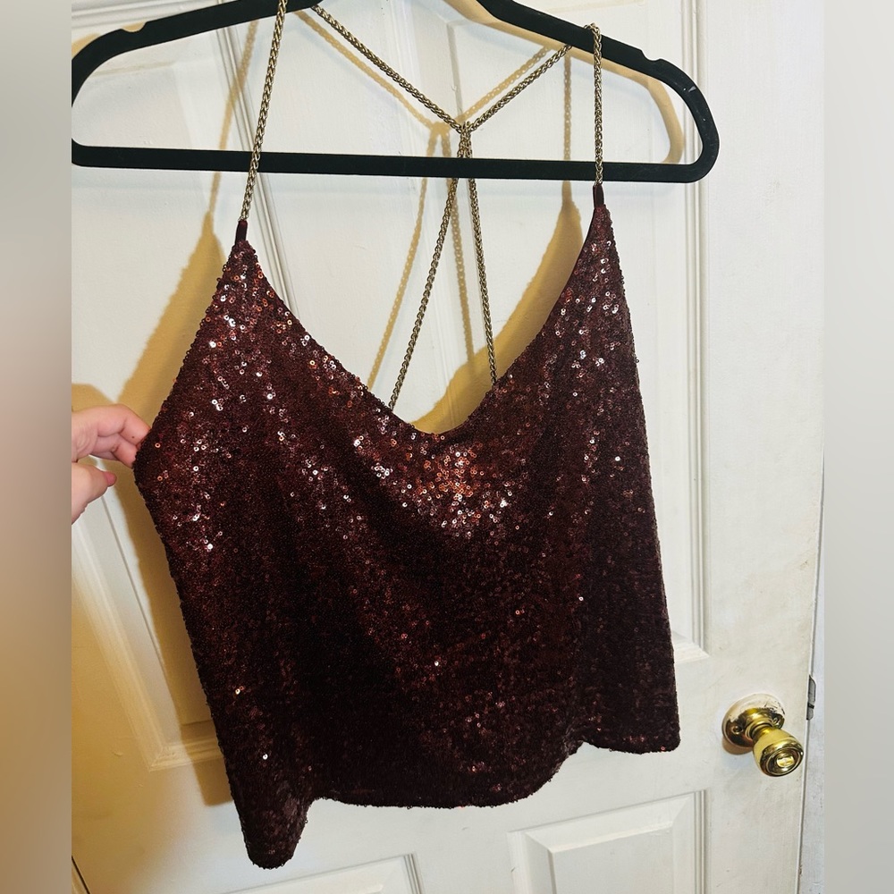 NWT Red sequence part top with gold chain link straps in XL for special occasion